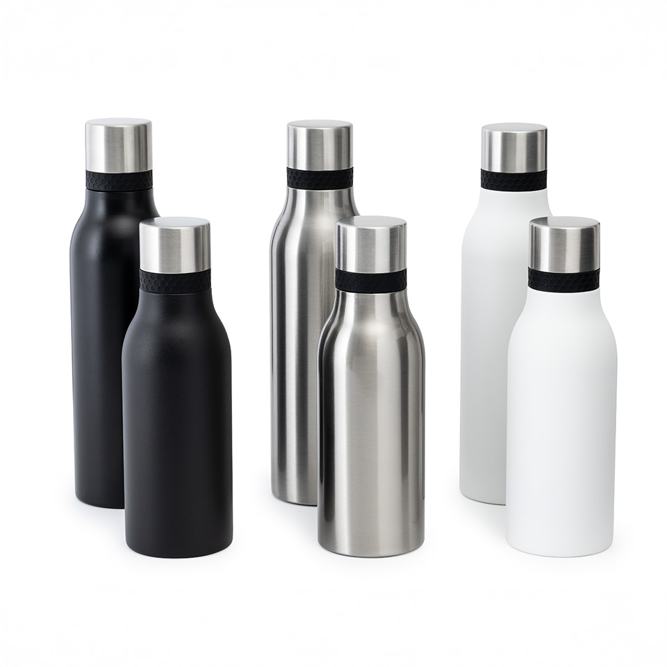 Thermo drinking bottles RETUMBLER-myNizza II Black silver and white myNizza II thermo bottles in two sizes with black ring
