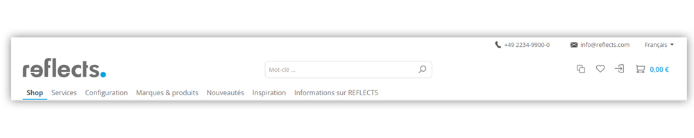 L’« en-tête » du site Web REFLECTS Boutique en ligne Header - navigation, recherche & espace de login