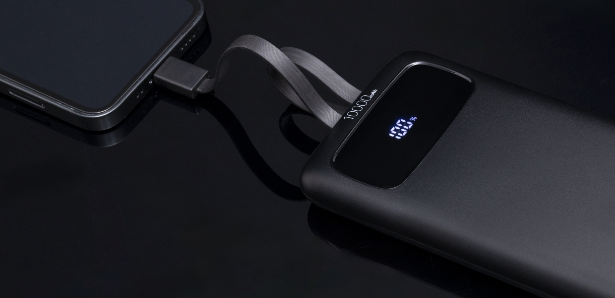 Powerbank REEVES-KUOPIO dark grey 10000 mAh with print Powerbank promotional item in black with black background