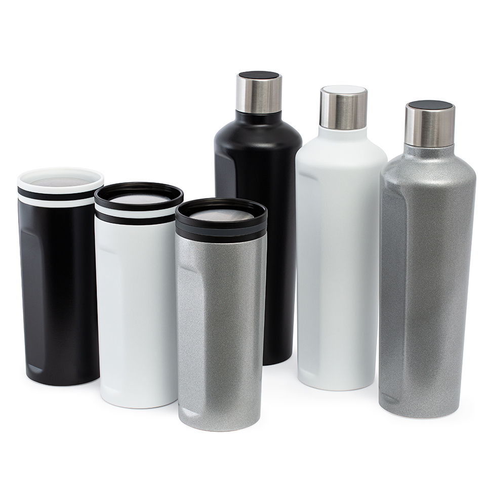 alle Farben Becher und Flasche mySteelOne silberne, schwarze, weiße Flaschen und Becher