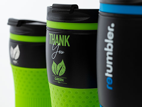 Advertising on RETUMBLER-myBayamo Various examples of advertising printed or engraved on RETUMBLER-myBayamo thermo mugs