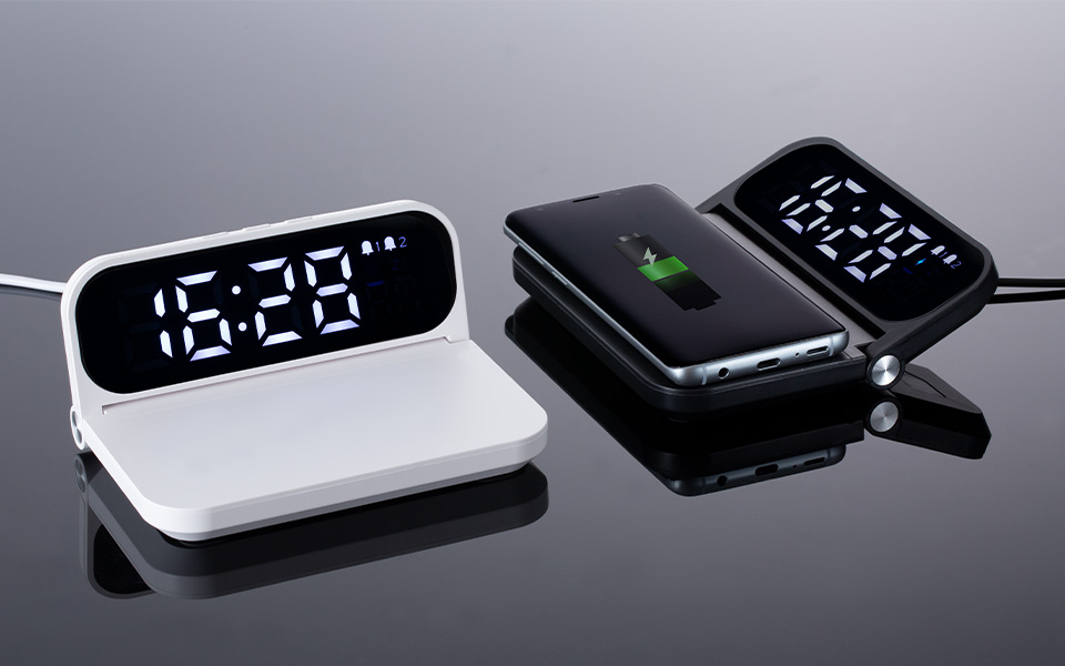 REEVES desk clocks as promotional items Two multifunktional desk clocks with wireless charger function