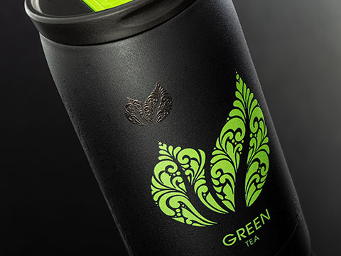 Print on thermo mug as design promotional item black thermo mug with black and green pad printing as promotional item