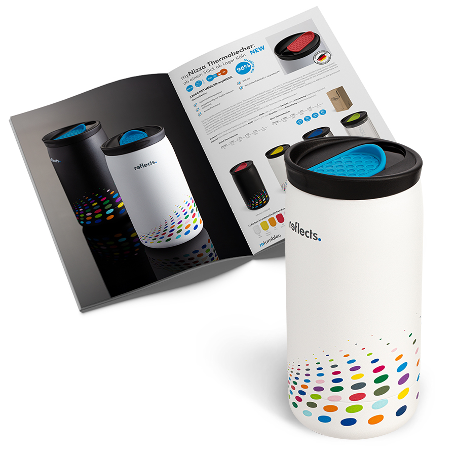 Marketingmaterial für Thermobecher RETUMBLER-myNizza Katalog und Musterprodukt als Marketingmaterial für Thermobecher myNizza