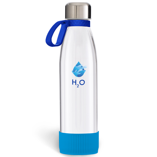 52657 Glazen fles Retumbler-myToulon Glas myToulon Glazen fles in helder met donkerblauwe ring en blauwe bodemhuls met kleurrijke voorbeeldopdruk