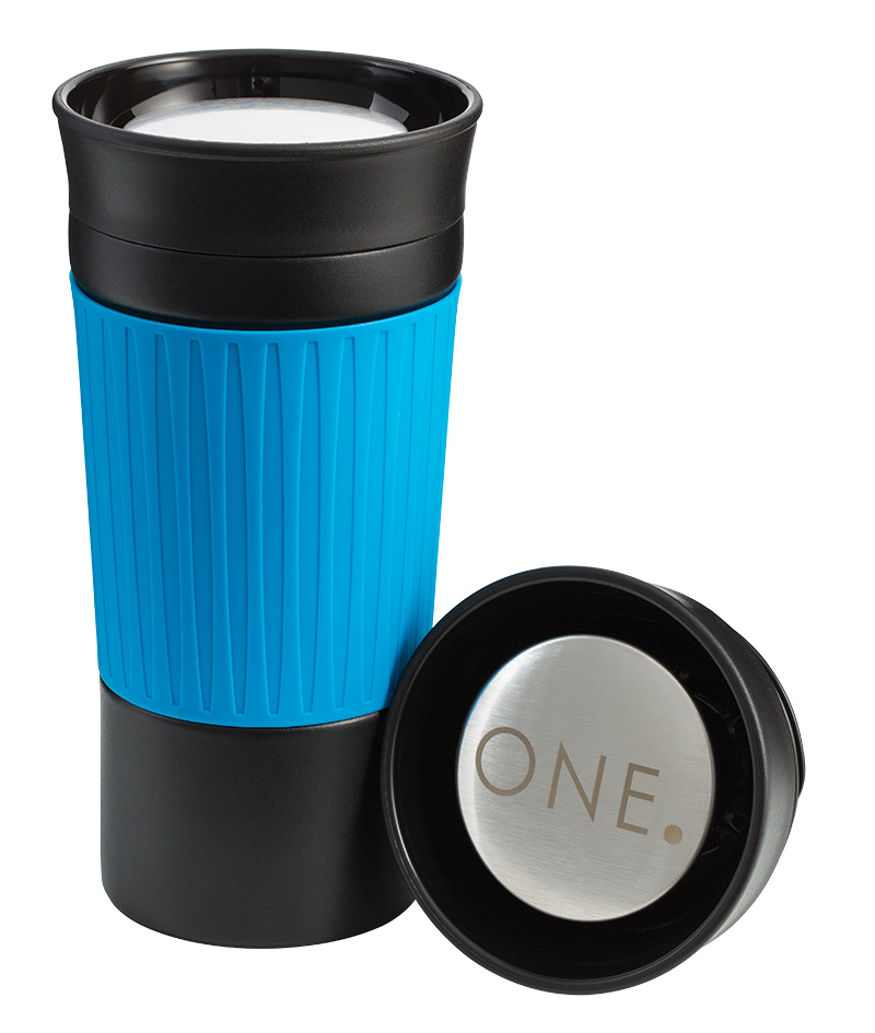 myKingston thermo mug in black and cyan myKingston thermo mug in black with sleeve in cyan and lid engraving ONE