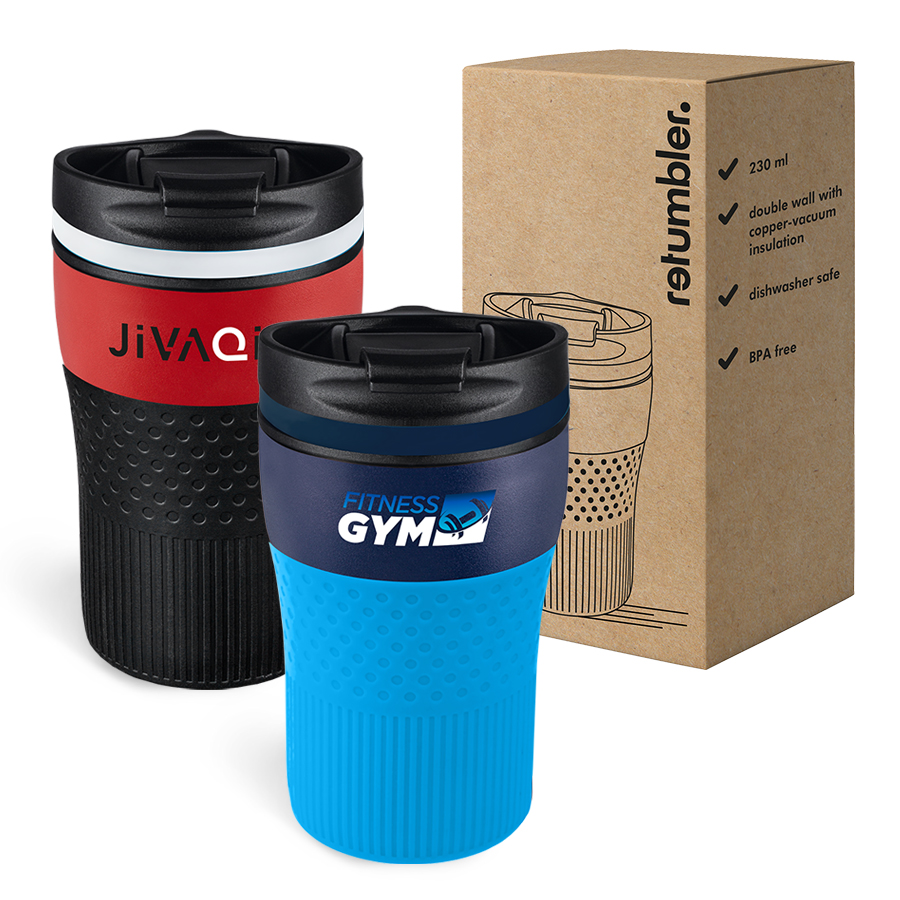 Customised thermo mugs RETUMBLER-myBayamo coloured thermo mugs and packaging myBayamo