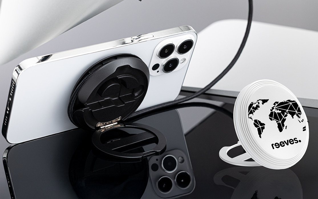 Support pour smartphone REEVES® – article promotionnel avec carte du monde Support pour smartphone REEVES® comme article promotionnel avec motif carte du monde.