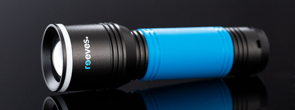 myFlash700 high-quality torch as a design promotional item Black torch with sleeve in cyan as promotional item