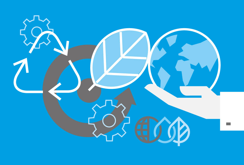 Graphic sustainability goals and process at Reflects Graphic cyan grey sustainability