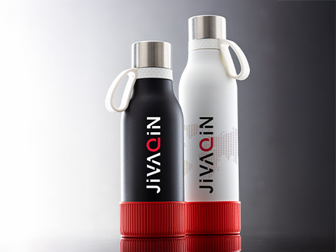Configurable myNizza II thermo bottles with print Two printed thermo bottles with white ring and red sleeve