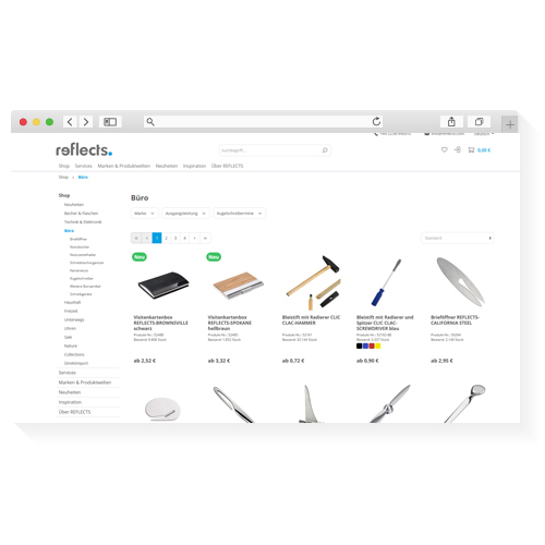 Screenshot Webshop REFLECTS Grafik Browserfenster Webshop REFLECTS
