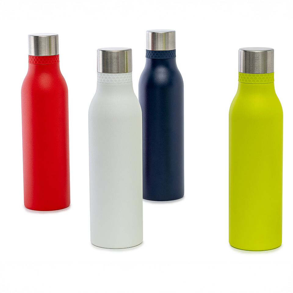 Drinking bottle RETUMBLER-myToulon II 820 in four colour variants Four drinking bottles myToulon II in red white dark blue and light green