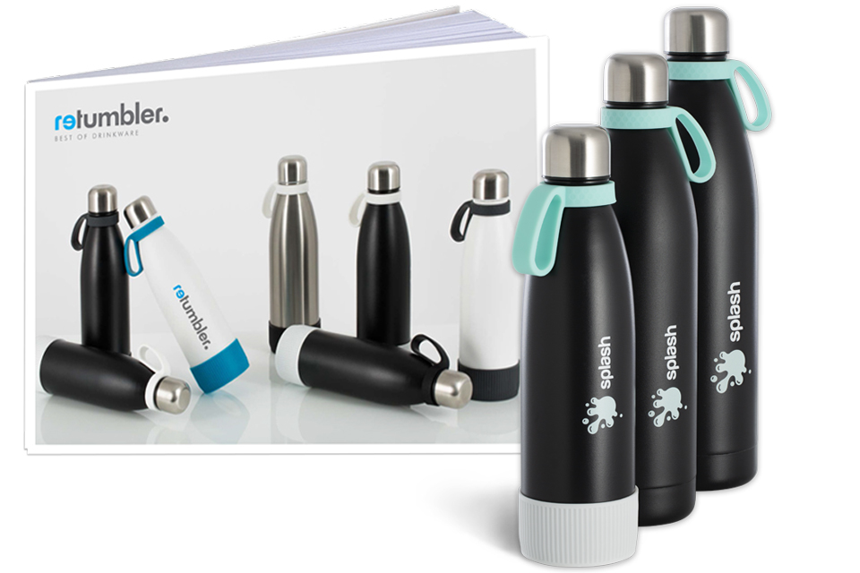 Marketingmaterial für Thermotrinkflaschen myNizza myNizza Flaschen mit Beispiellogo und Katalog