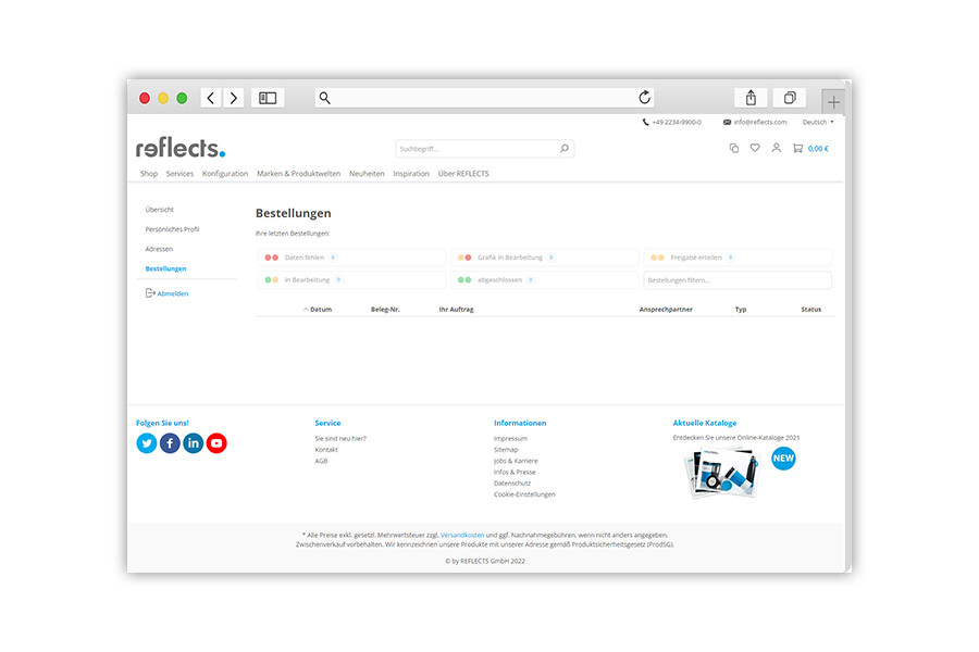 REFLECTS Bestellübersicht REFLECTS Bestellstatus