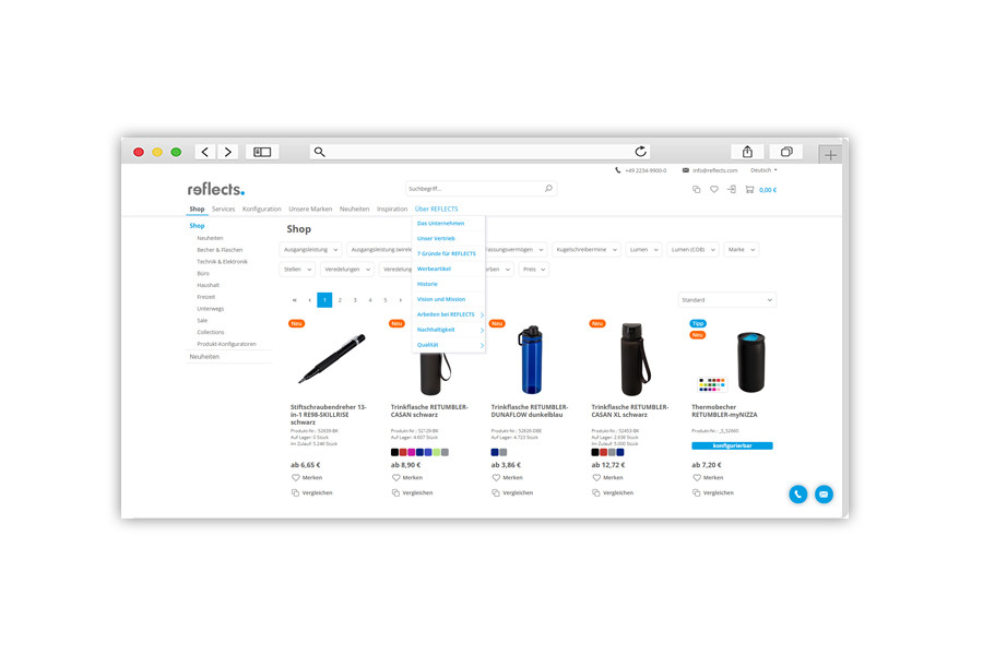 Screenshot Navigation Shop Reflects Webseite Über das Unternehmen Screenshot Navigation Unternehmenseite Reflects Webseite