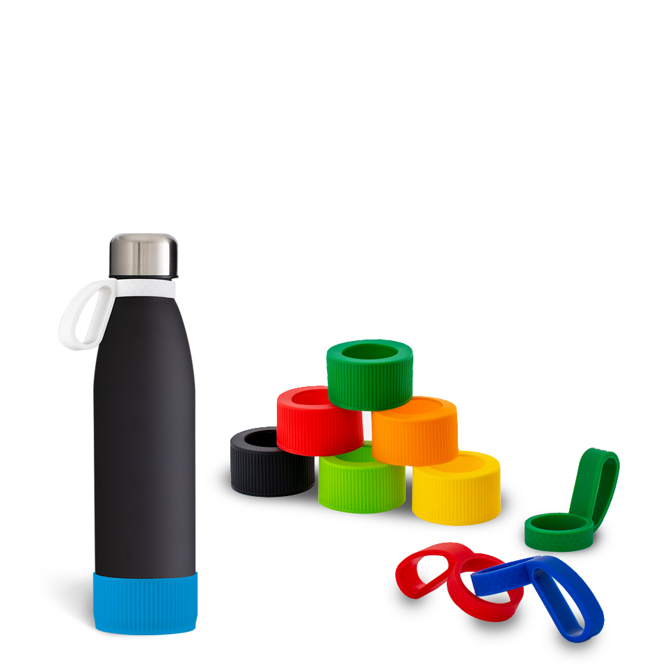 Konfigurierbare Komponenten der myToulon Glass Trinkflasche Eine Glasflasche und verschiedenfarbige Manschetten und Ringe der myToulon Glass Flasche