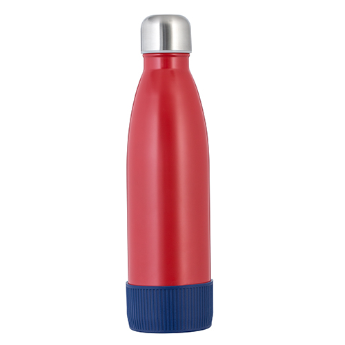 rote Flasche myToulon mit blauem Sleeve rote Edelstahlflasche myToulon mit dunkel blauer Bodenmanschette