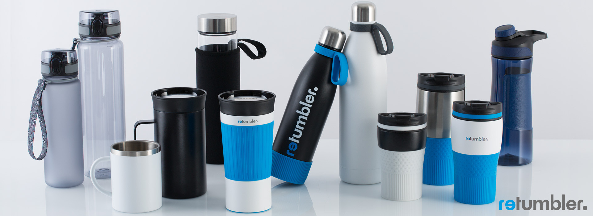 RETUMBLER mugs and bottles as promotional items many different mugs and bottles with log