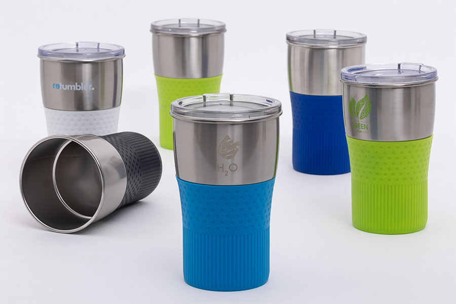 Retumbler-myMezzo configurable drinking mug six myMezzo stainless steel mugs with silicone sleeve and lid