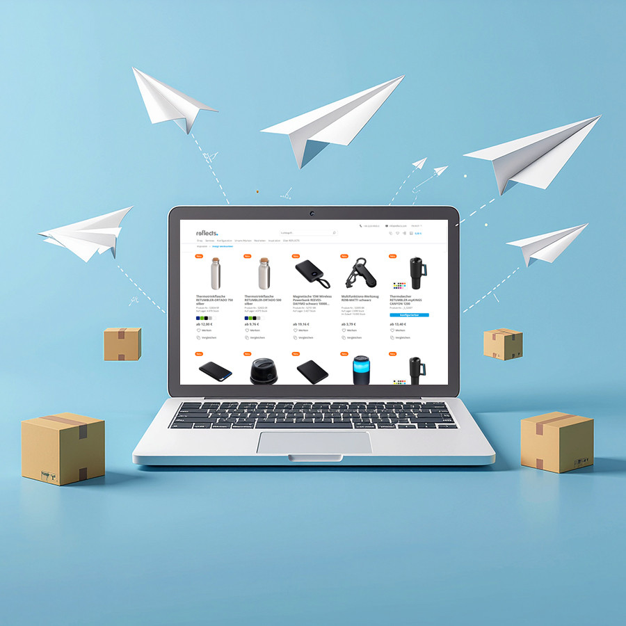 Boutique Reflects: objets publicitaires en ligne Ordinateur portable avec la boutique en ligne Reflects et des cartons d’expédition