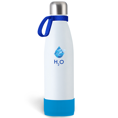 52521 myToulon roestvrijstalen drinkfles witte myToulon fles met donkerblauwe ring en blauwe bodemhuls plus een kleurrijke logo-applicatie
