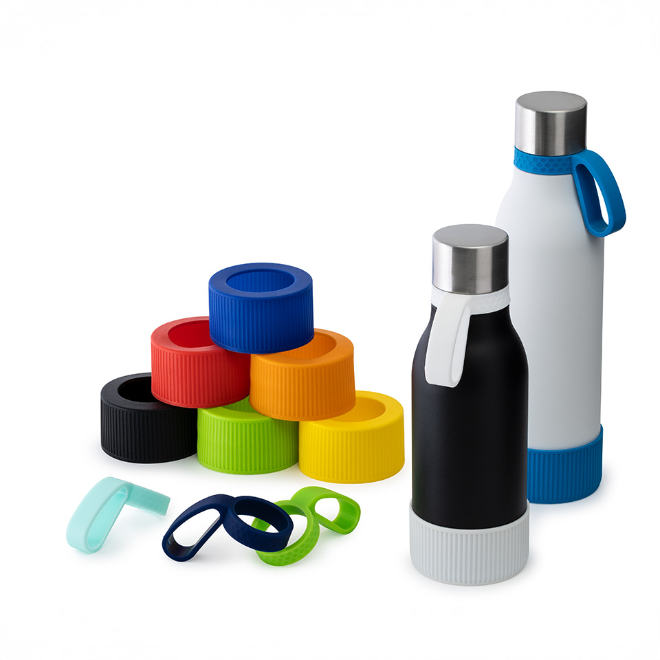 Rings and sleeves for myNizza II thermo bottles Black and white thermo bottles and various coloured silicone sleeves and rings