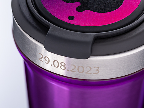 myVivero thermo mug with laser engraving and Splash logo on the mug purple myVivero thermo mug with laser engraving and pad printing