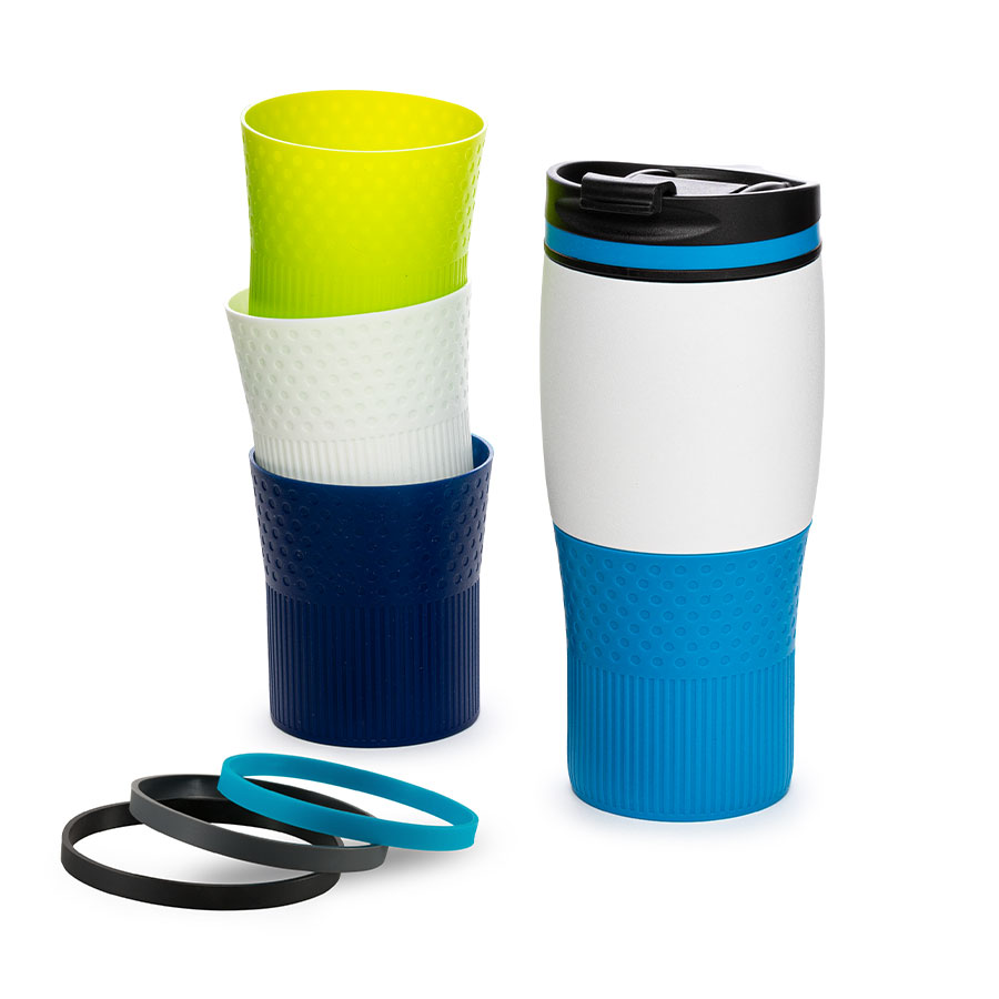 Rings and sleeves for myBayamo thermo mugs white thermo mug myBayamo Grande II with different rings and sleeves