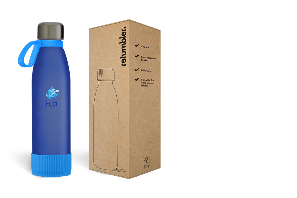 Sonderanfertigung der Retumbler-myToulon Glass mit brauner Verpackung Glasflasche myToulon Glass in Sonderfarbe mit brauner Pappverpackung