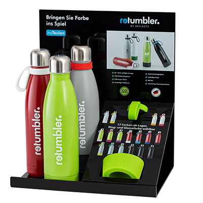 Présentoir de la gourde RETUMBLER-myToulon Présentoir avec gourdes RETUMBLER-myToulon avec bague et sleeve