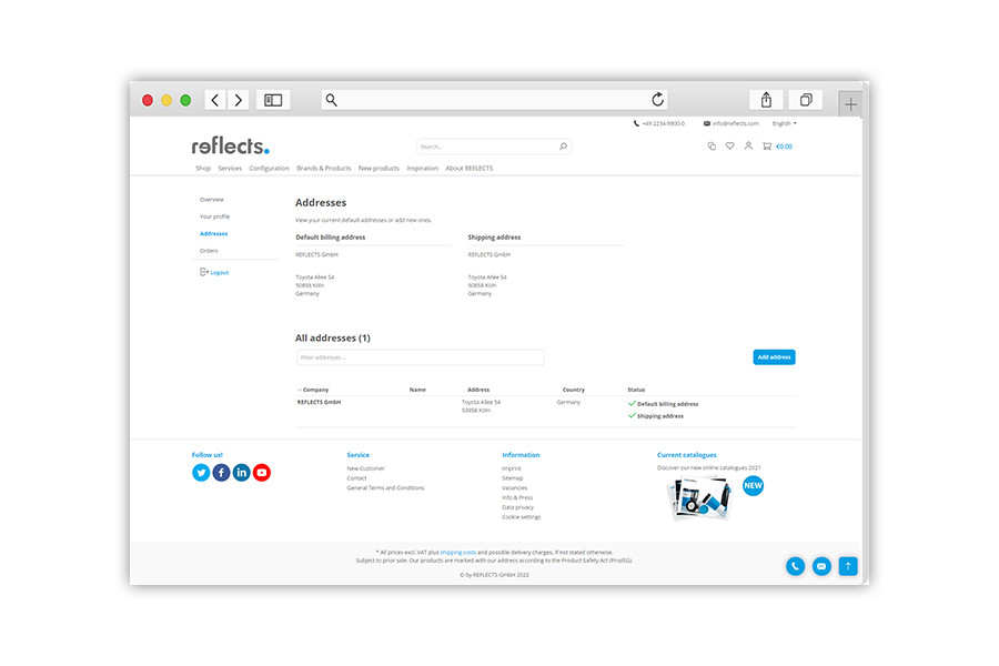 REFLECTS Login Area - Addresses REFLECTS Login Area - default billing addresses and shipping addresses