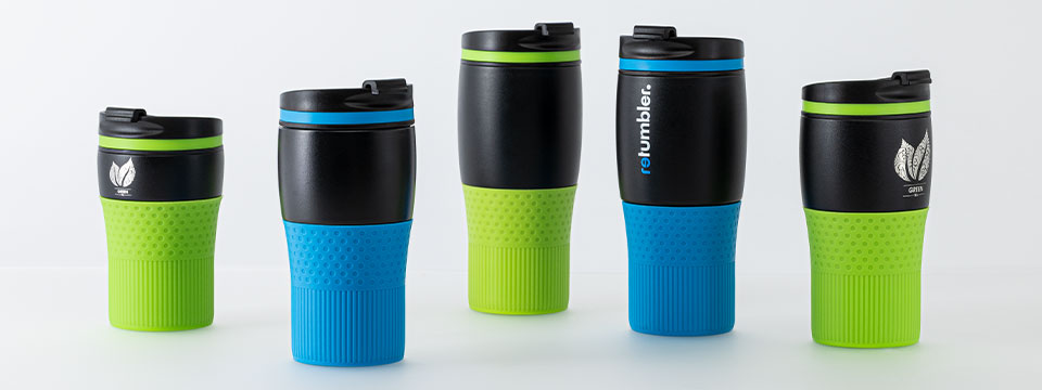 various myBayamo thermo mugs in green and cyan black myBayamo thermo mugs with cyan and green silicone components
