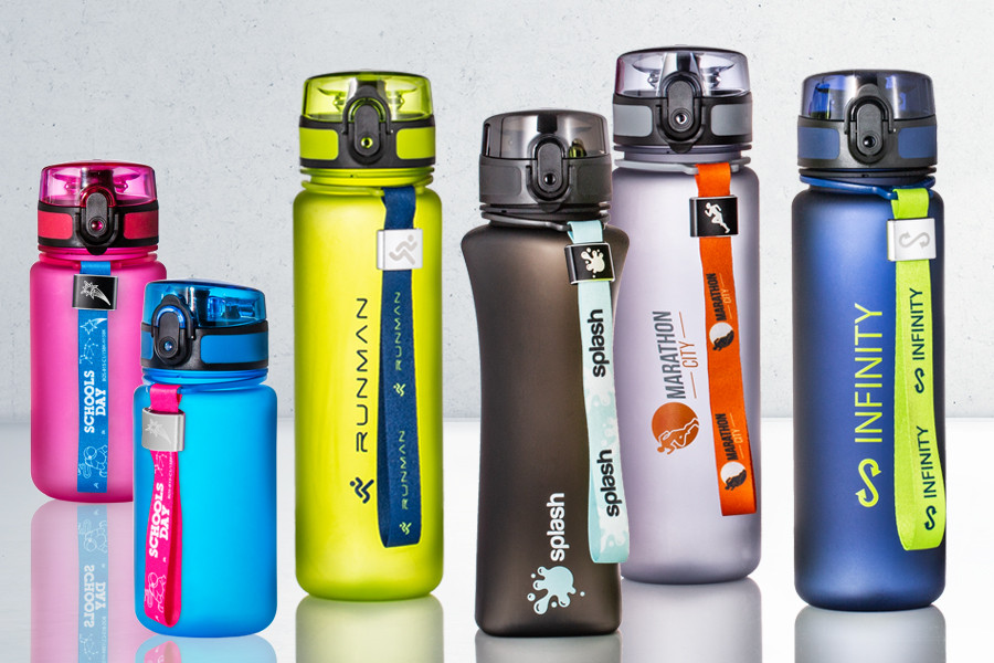 myCasan en myPetrolina als promotieartikelen kleurrijke drinkflessen met individuele gripband - myCasan en myPetrolina