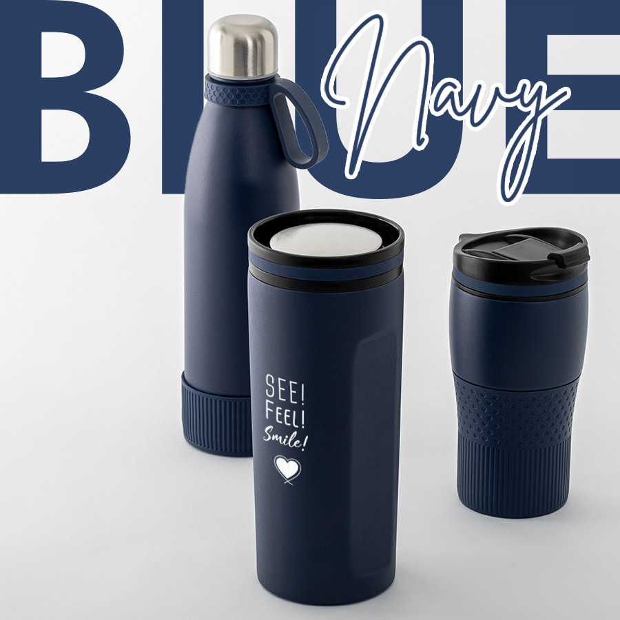 Bouteille et mug REFLECTS® bleu marine – articles promotionnels Gourde et mug isotherme bleu marine REFLECTS® comme articles promotionnels.