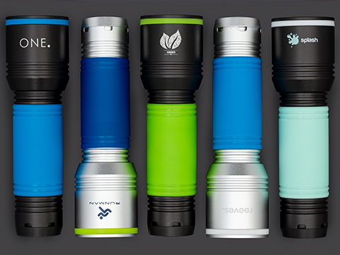 Torches with laser engraving and pad printing Torch REEVES-myFlash with different logos and colour combinations