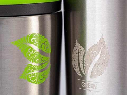 Thermobecher myDrinqeo mit Tampondruck und Lasergravur Thermobecher myDrinqeo mit Green Tea Tampondruck und Lasergravur