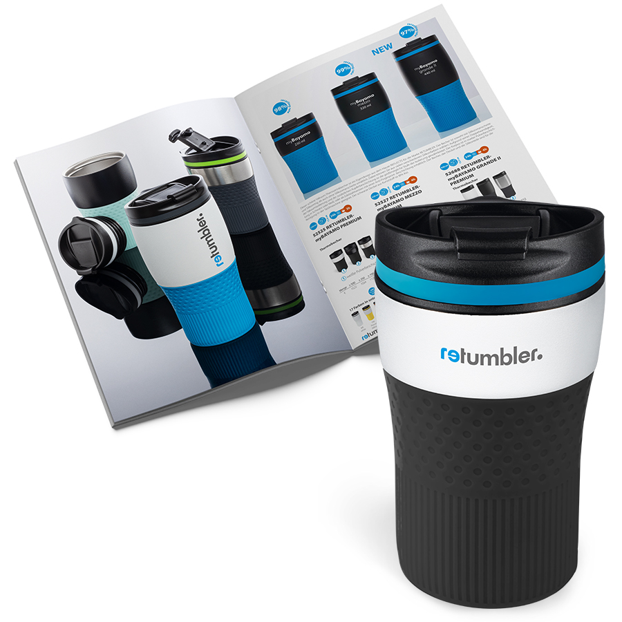 Marketing material for retailers for RETUMBLER-myBayamo thermo mugs Sample mug and catalogue as an example of myBayamo product marketing