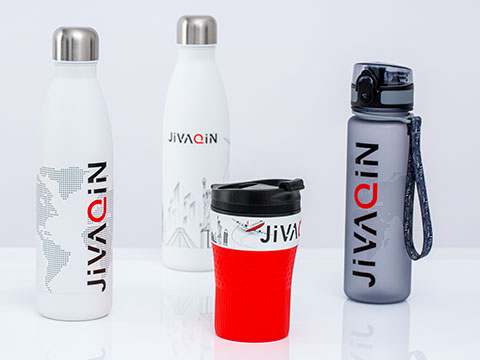 All-around print on mugs and bottles by RETUMBLERS Drinking bottles and thermos mugs with all-around printed promotional logo
