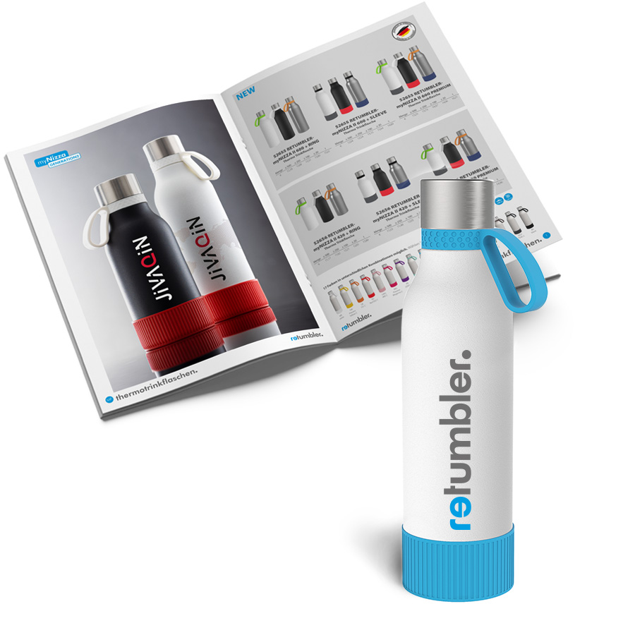 Marketing material for RETUMBLER-myNizza II thermo bottles Sample and catalogue as marketing material
