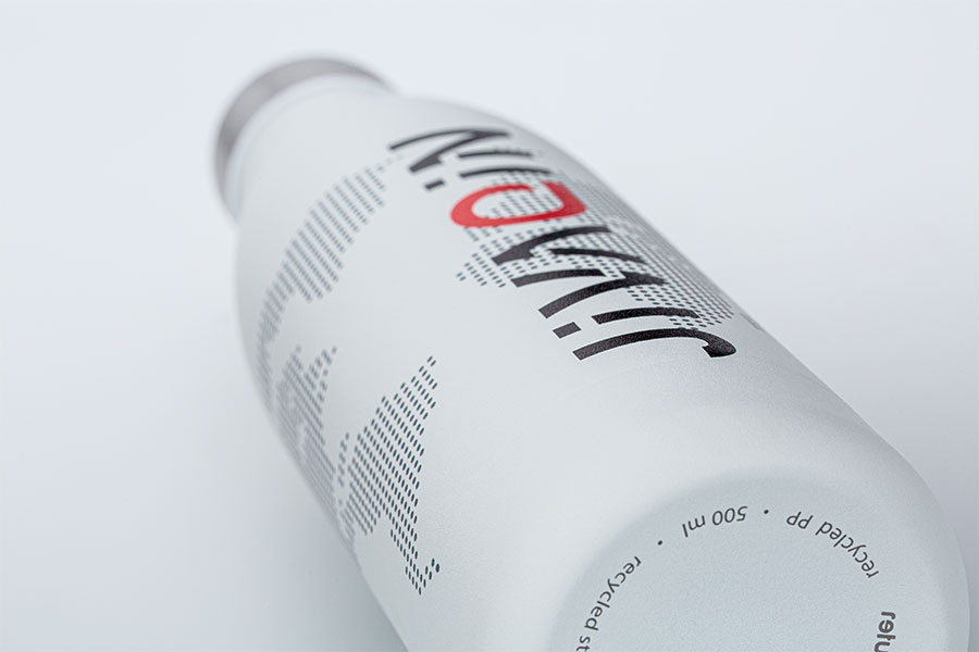 All-around print on drinking bottle RETUMBLER-TOULON GLASS Close-up of all-around print on matte glass bottle