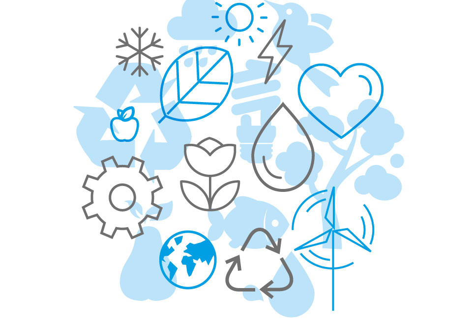 Graphic sustainability different icons Graphic grey cyan white Icons Sustainability