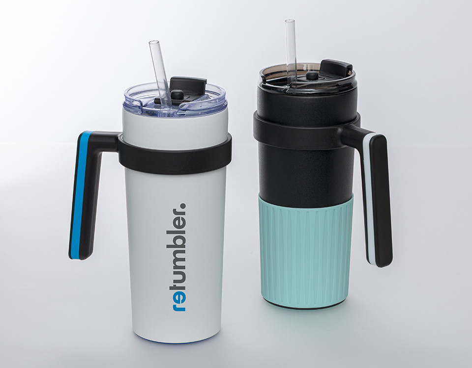 mugs thermo configurables avec anse et paille RETUMBLER-myOrinoco comme objet publicitaire deux mugs thermo configurables avec anse et paille RETUMBLER-myOrinoco