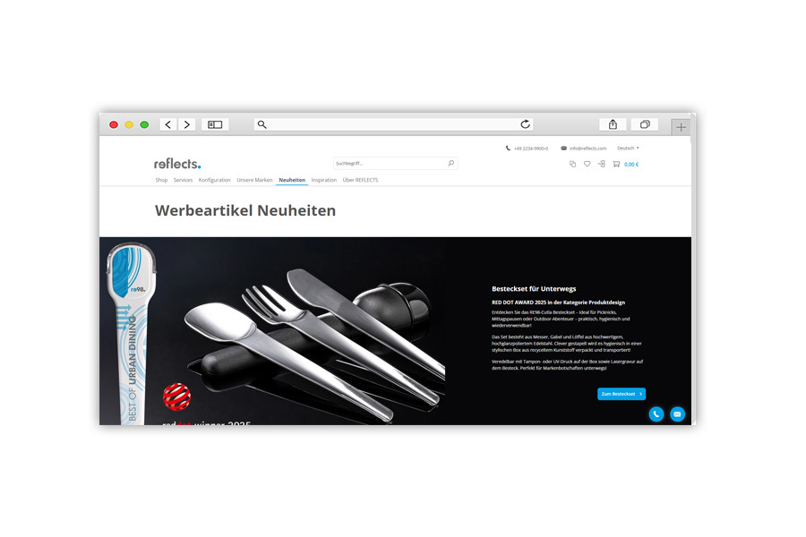 Screenshot Navigation Neuheiten Reflects Webseite