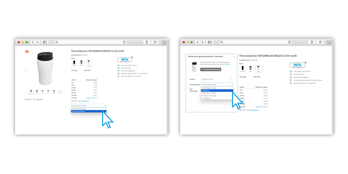 Veredelungskalkulation Reflects Screenshot mit Hinweispfeil für Veredelungskalkulation