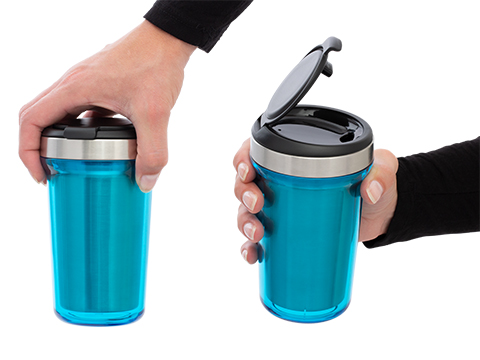 myVivero thermo mug in the hand myVivero in the hand with open and closed lid