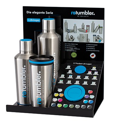 Display of RETUMBLER-myDrinqeo thermo bottle and thermo mug