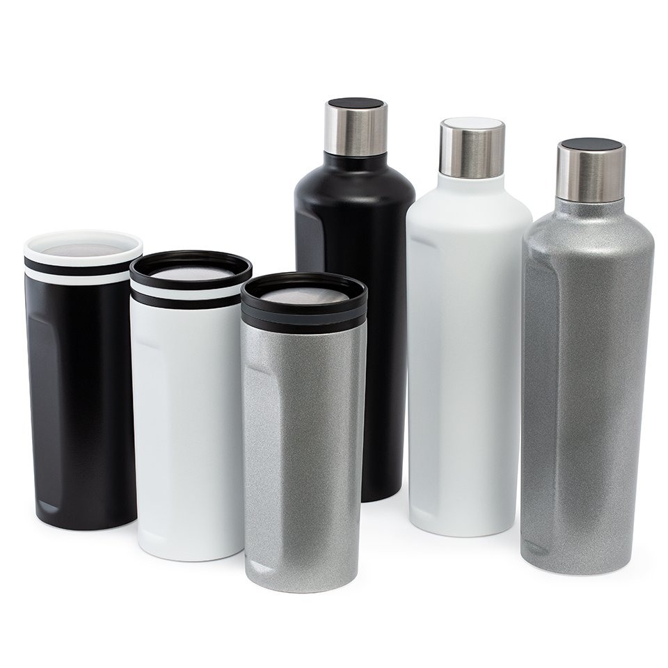 silver, black, white bottles and mugs