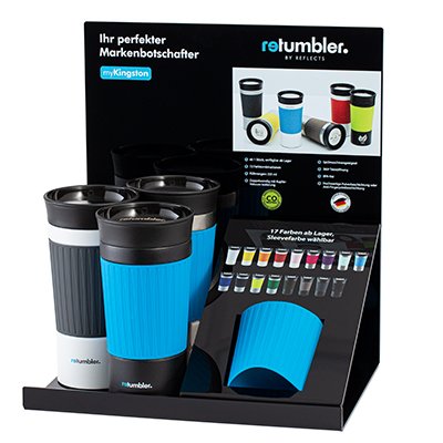 Display with RETUMBLER-myKingston thermo mugs in different colours