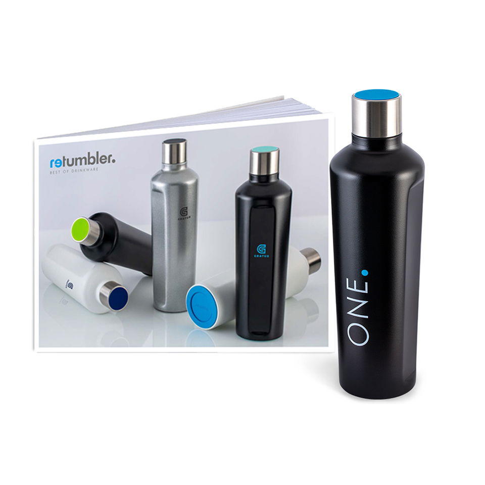 Marketingmaterial für die mySteelOne Thermotrinkflasche Katalog und haptisches Muster für Handelsmarketing der mySteelOne Flasche
